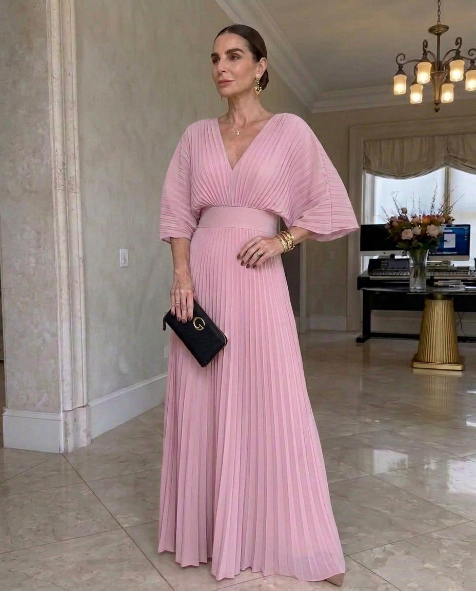 Rynavelle - Robe longue femme plissée élégante à col V fluide
