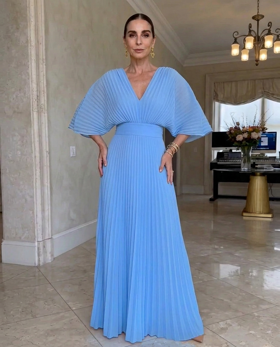 Rynavelle - Robe longue femme plissée élégante à col V fluide