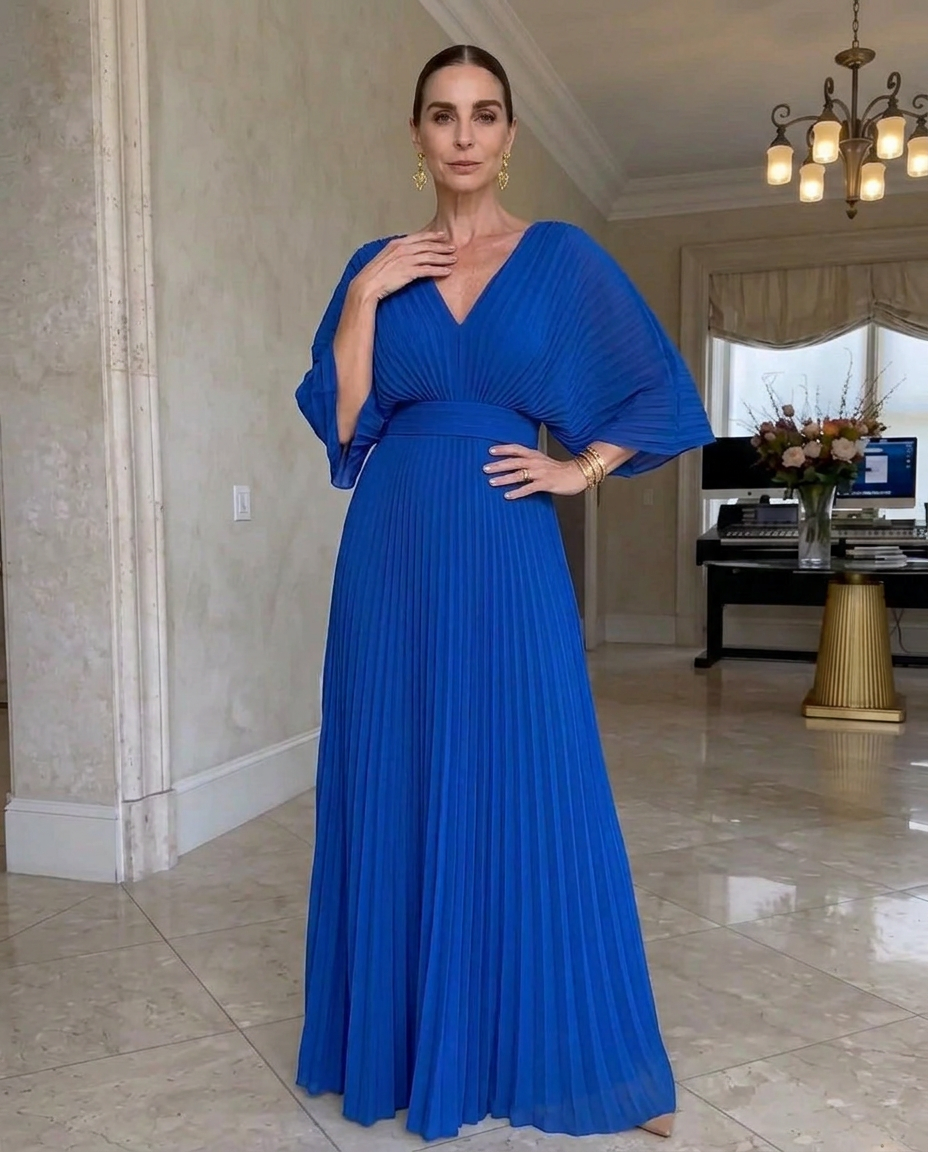 Rynavelle - Robe longue femme plissée élégante à col V fluide