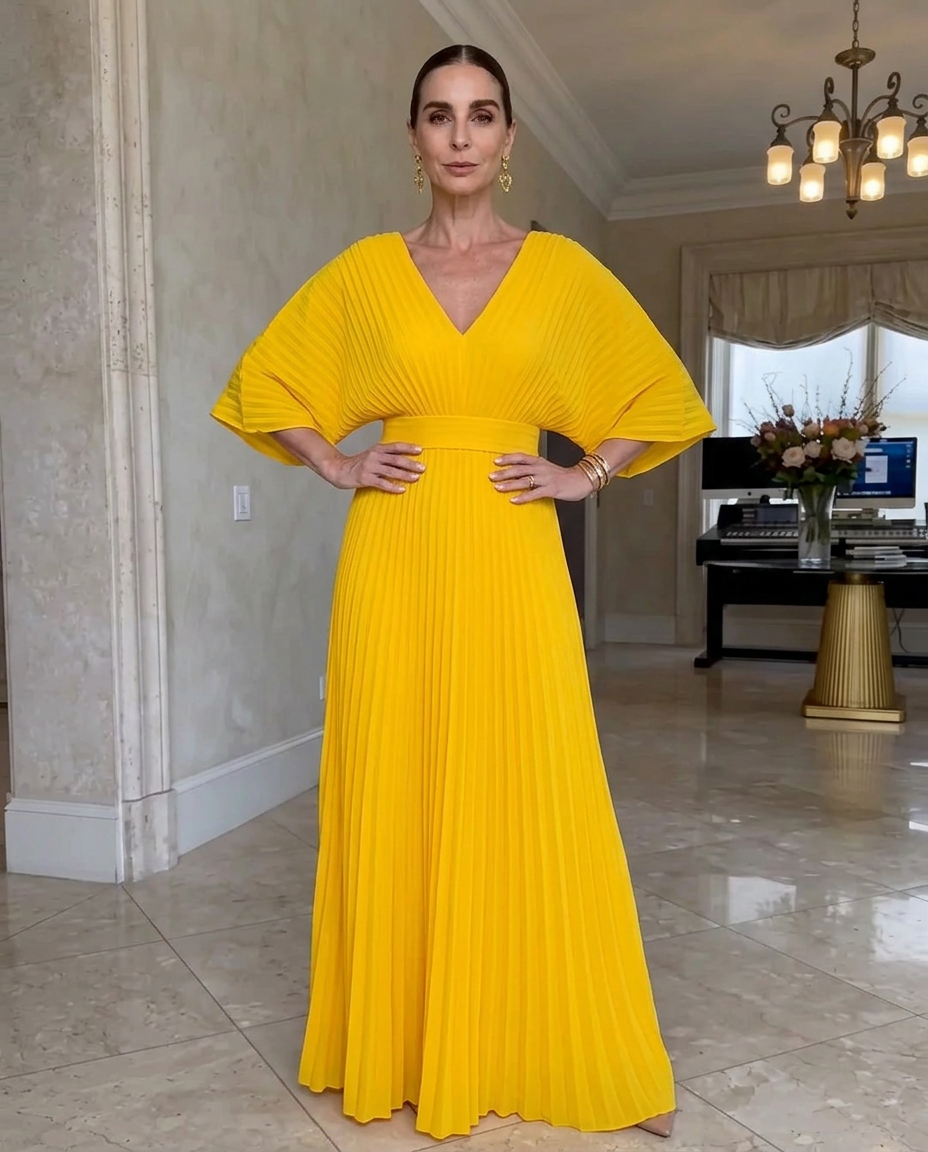 Rynavelle - Robe longue femme plissée élégante à col V fluide