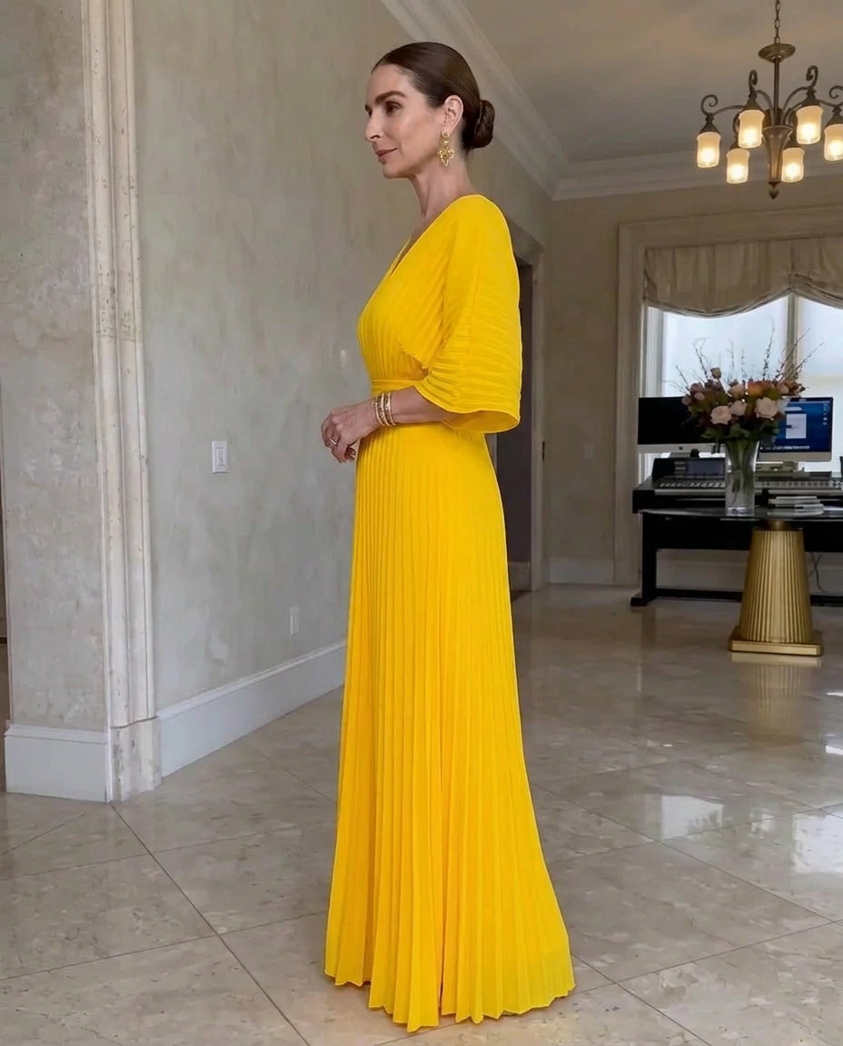 Rynavelle - Robe longue femme plissée élégante à col V fluide