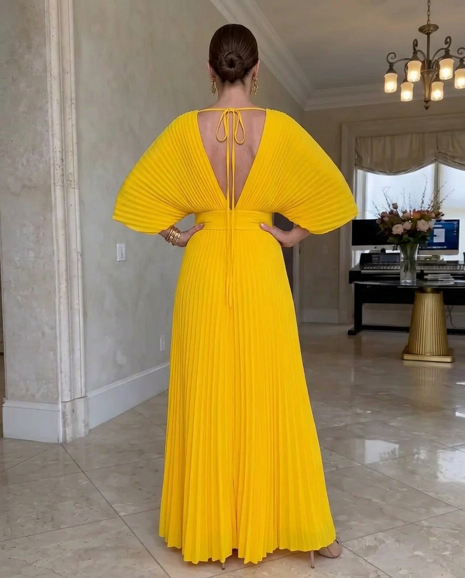 Rynavelle - Robe longue femme plissée élégante à col V fluide