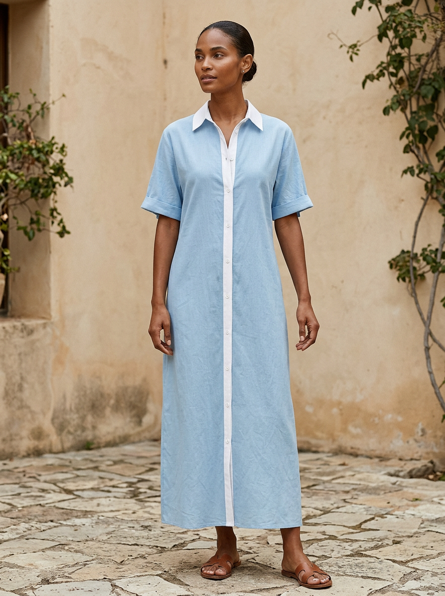 Kirevyn - Robe chemise midi femme noire à boutons contrastés