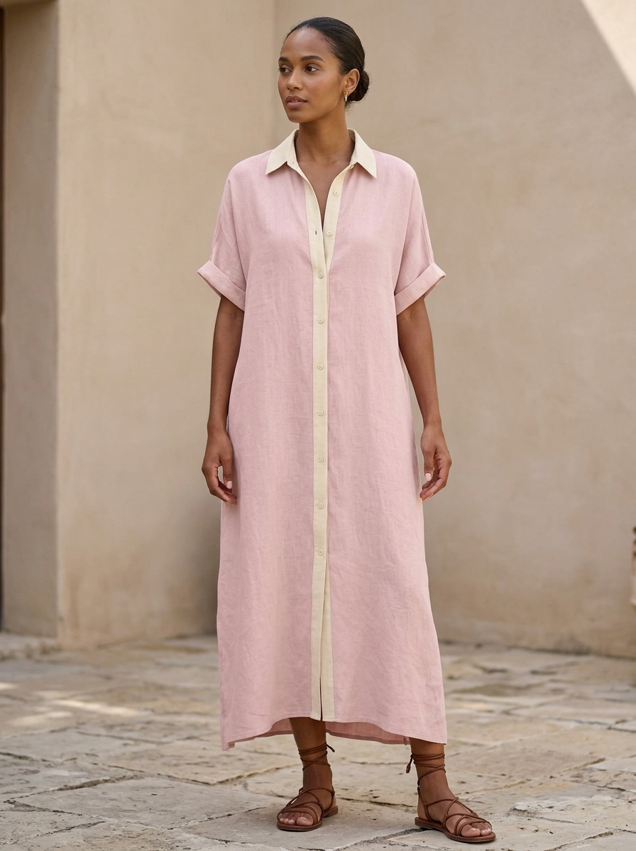 Kirevyn - Robe chemise midi femme noire à boutons contrastés