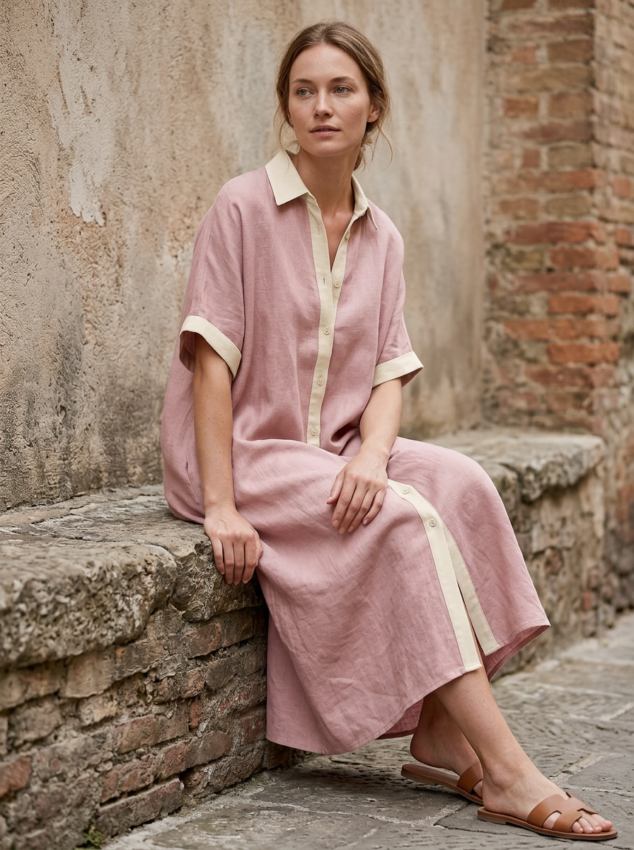Kirevyn - Robe chemise midi femme noire à boutons contrastés