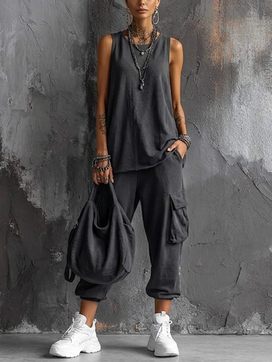 Fiorissa - Ensemble femme urban chic avec haut sans manches et pantalon cargo
