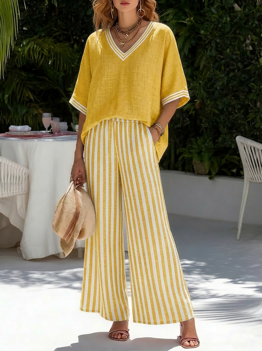 Gorixa - Ensemble Femme Lin Coton Rayé Coupe Large Style Estival Élégant