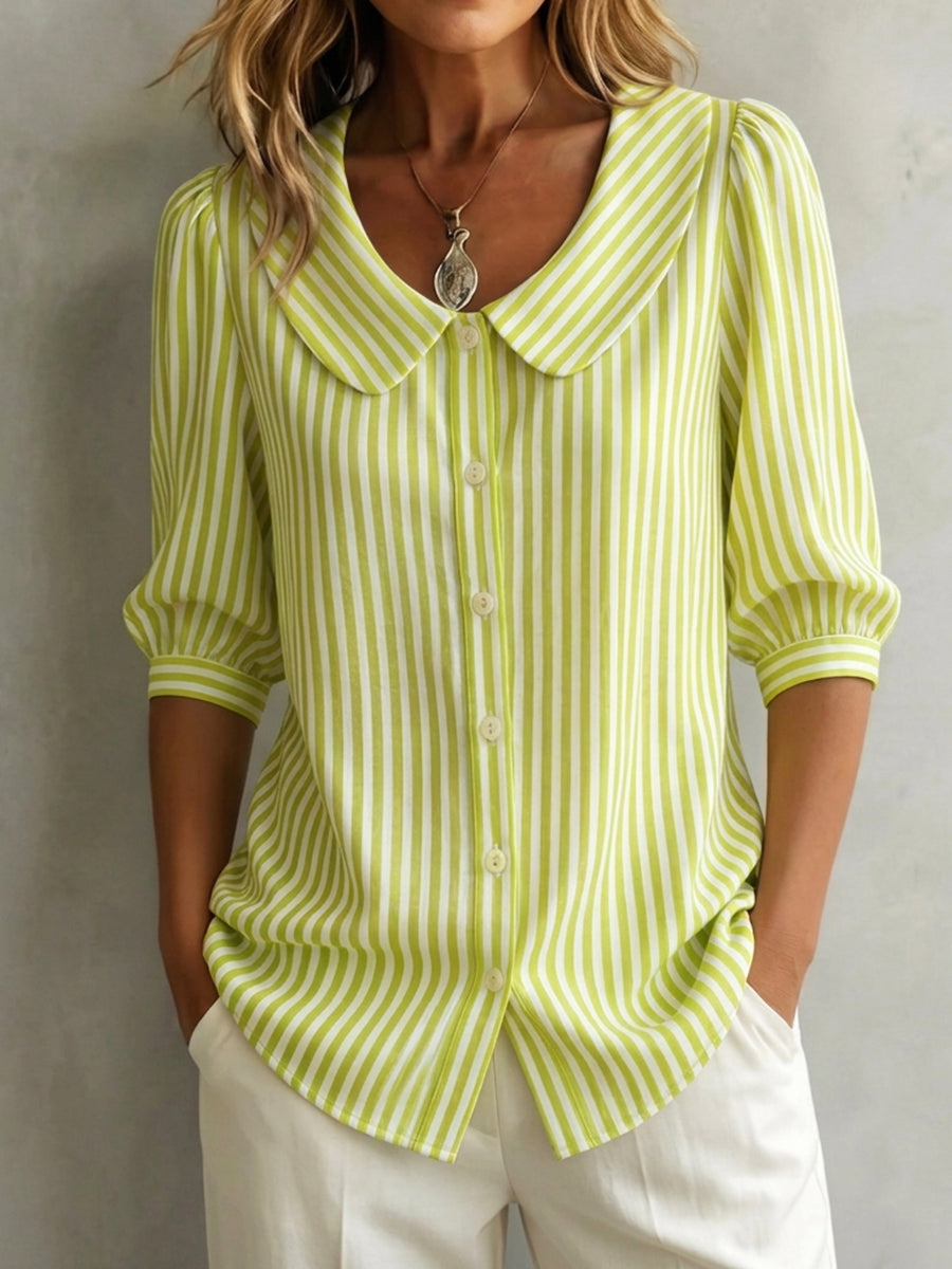 Halyssa - Blouse femme rayée col claudine boutons manches 3/4