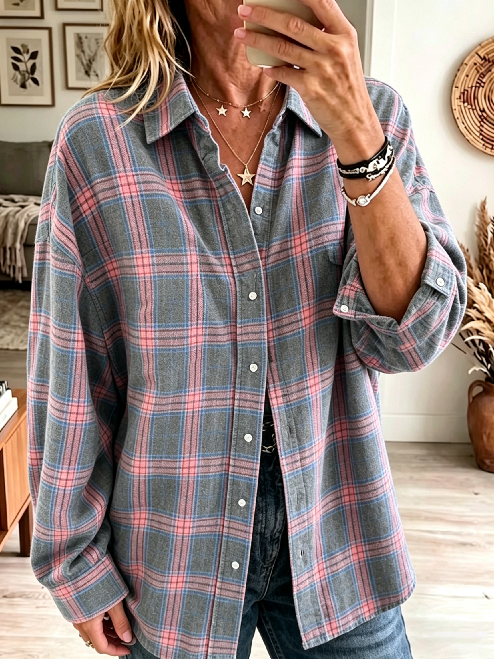 Oona - Chemise femme oversize à carreaux avec poches boutonnées