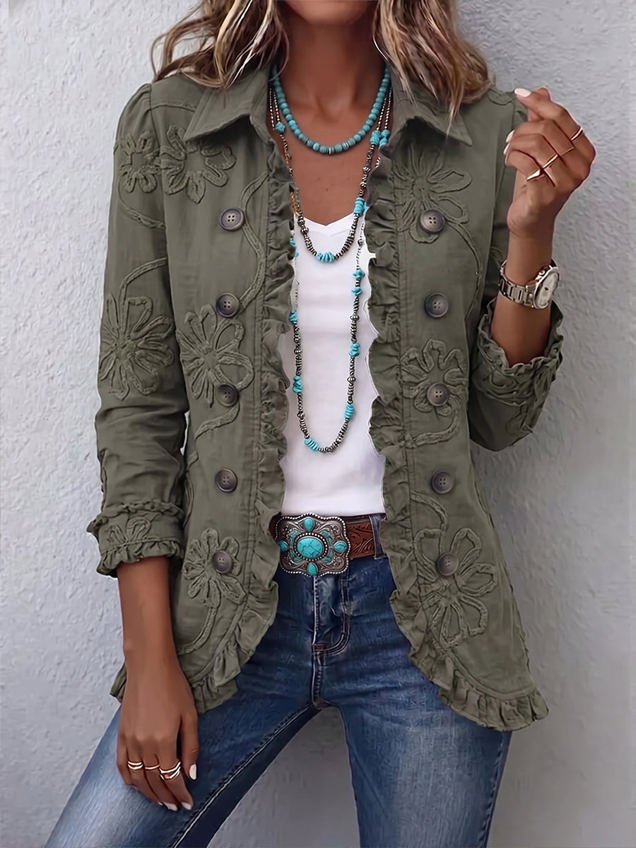Harriet - Veste femme brodée avec volants et boutons décoratifs