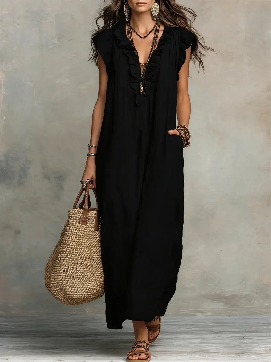Izzellea - Robe Femme Longue Bohème Lin Coton Coupe Fluide Volants Élégants