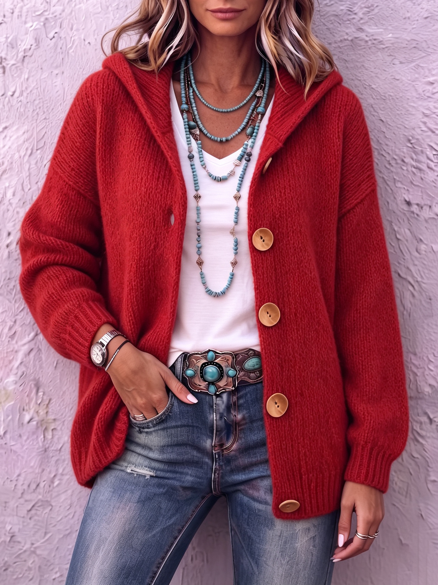 Ingrid - Cardigan femme en maille à capuche avec boutons