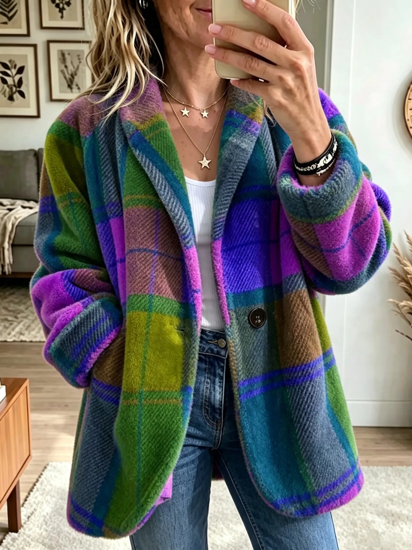 Lavinia - Manteau femme à carreaux avec texture douce et poches