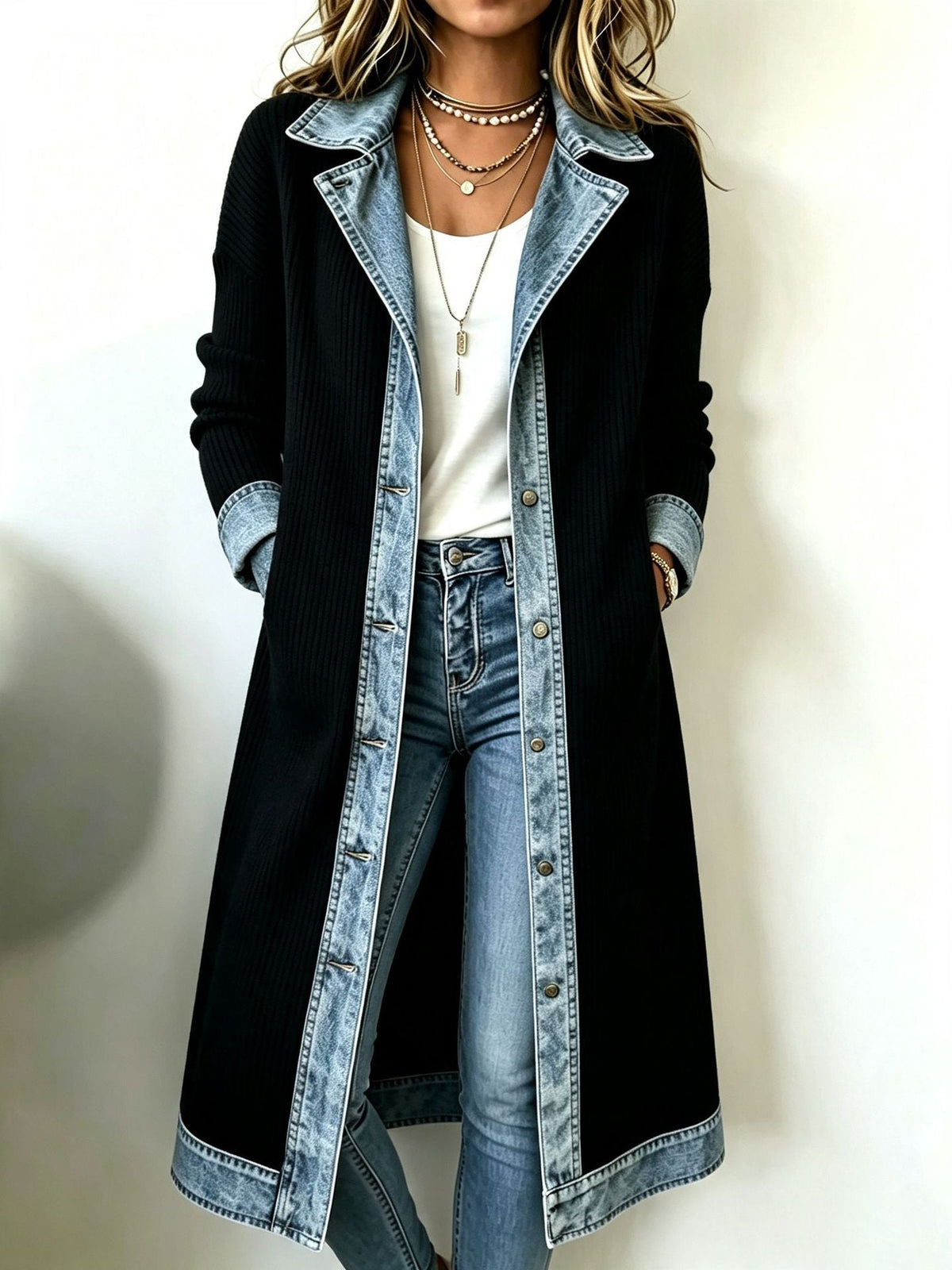 Béryl - Women's long ribbed knit cardigan with denim trim
