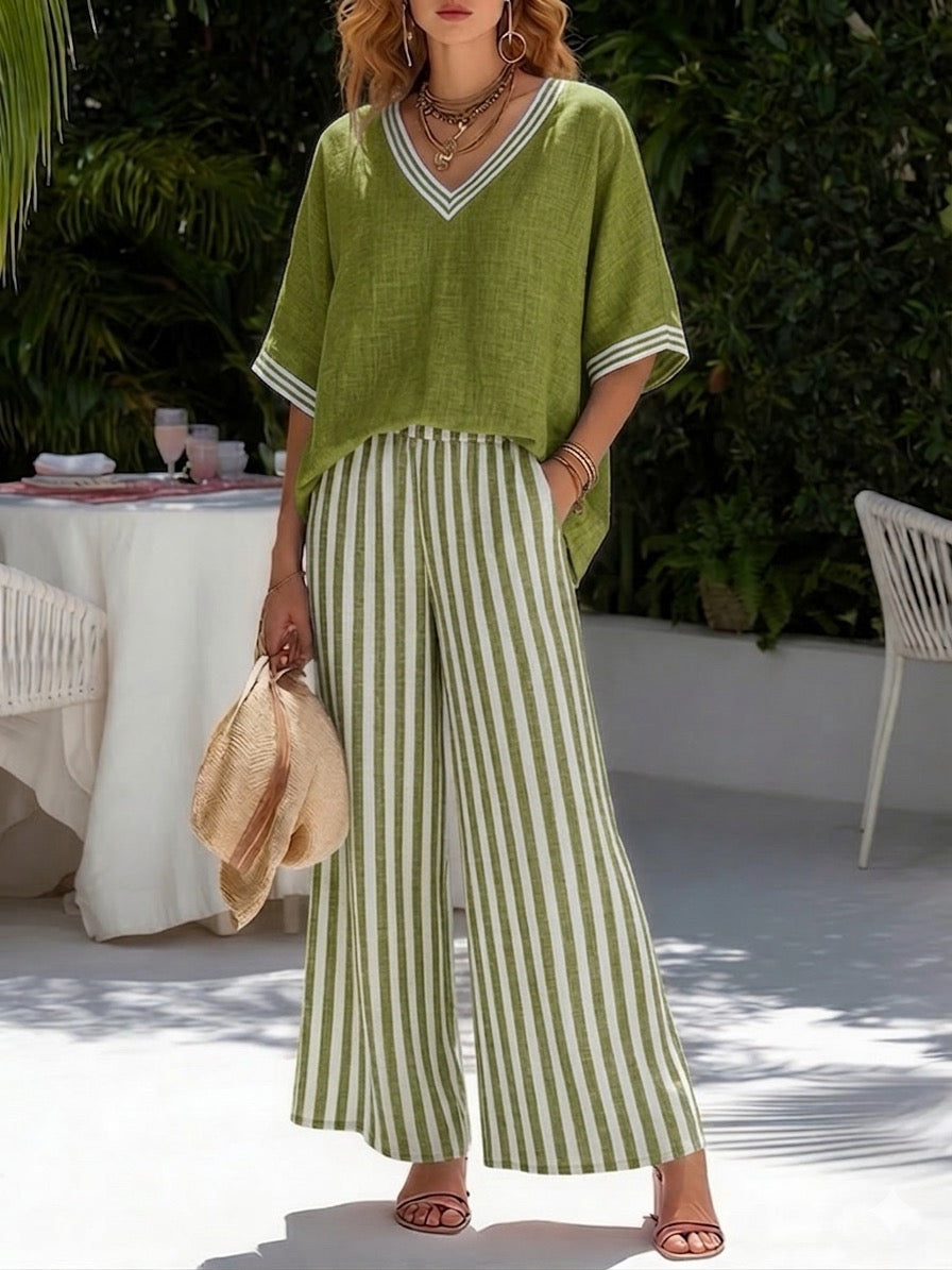 Gorixa - Ensemble Femme Lin Coton Rayé Coupe Large Style Estival Élégant