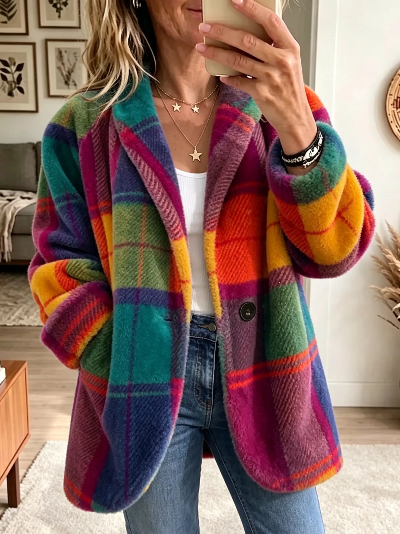 Lavinia - Manteau femme à carreaux avec texture douce et poches