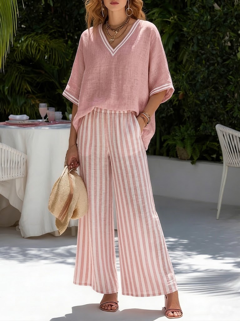 Gorixa - Ensemble Femme Lin Coton Rayé Coupe Large Style Estival Élégant