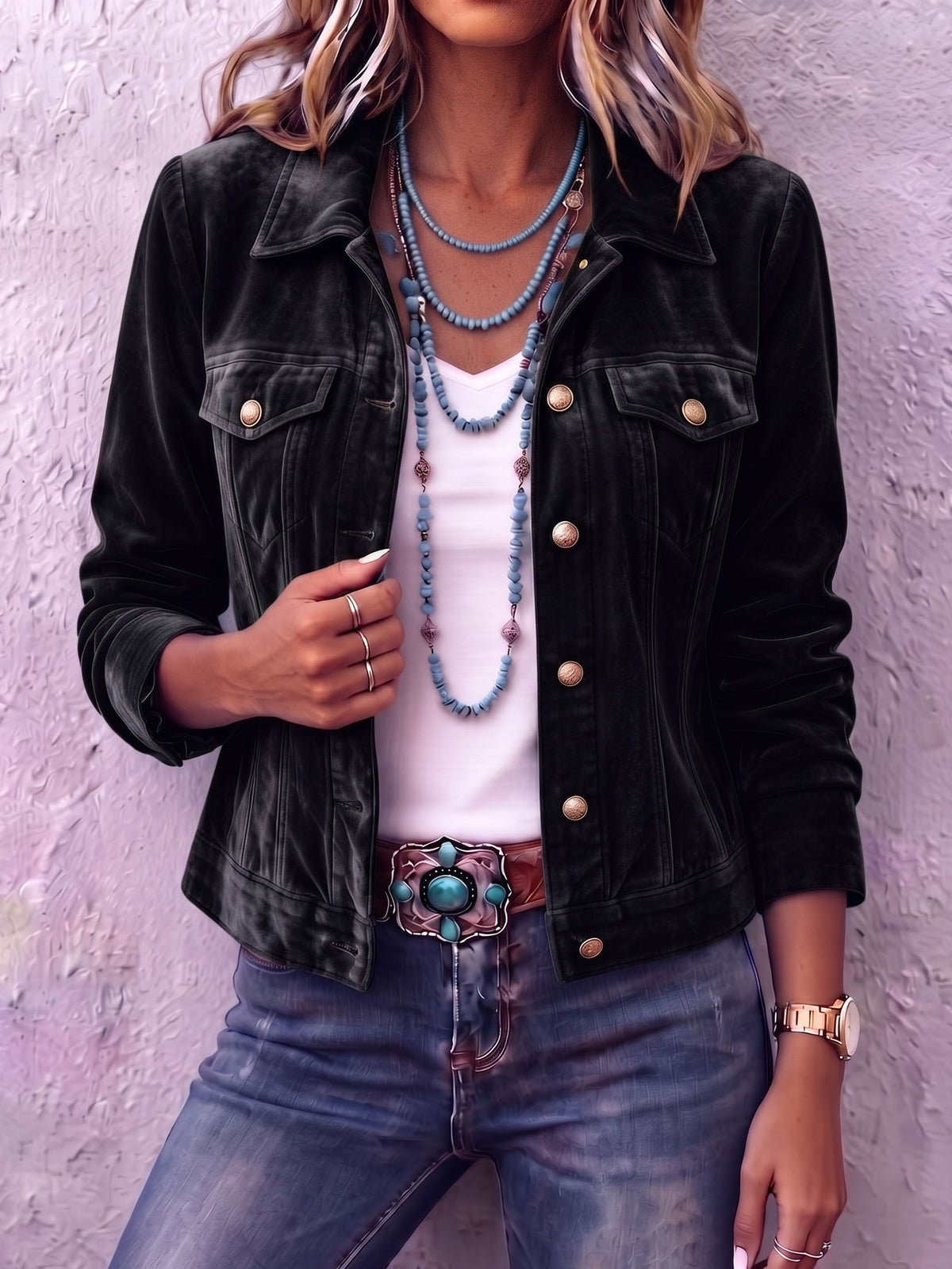 Jikke - Veste femme en velours à boutons et col tailleur