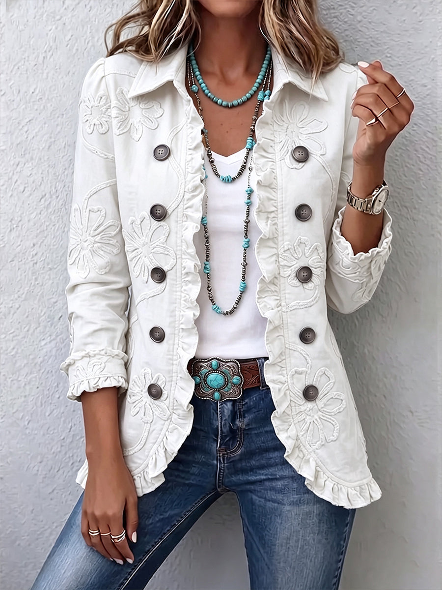 Harriet - Veste femme brodée avec volants et boutons décoratifs