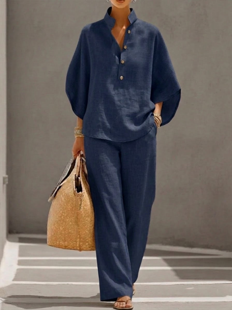 Jovixa - Ensemble Fluide Coton Lin Manches Amples & Pantalon Large
