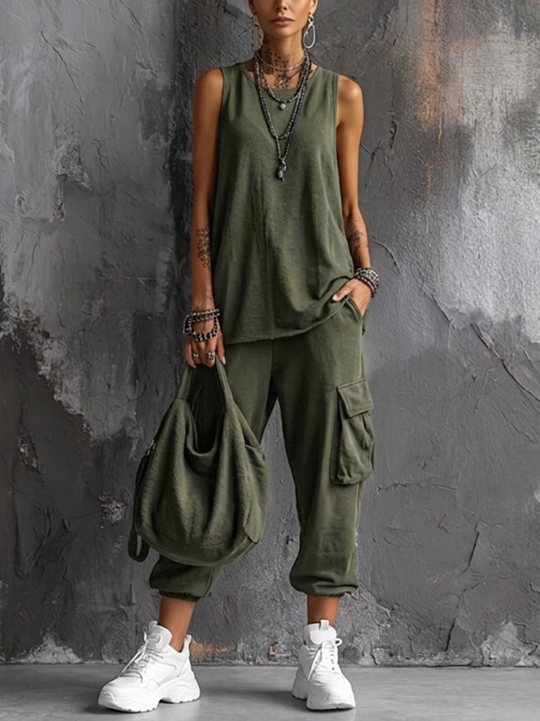 Fiorissa - Ensemble femme urban chic avec haut sans manches et pantalon cargo