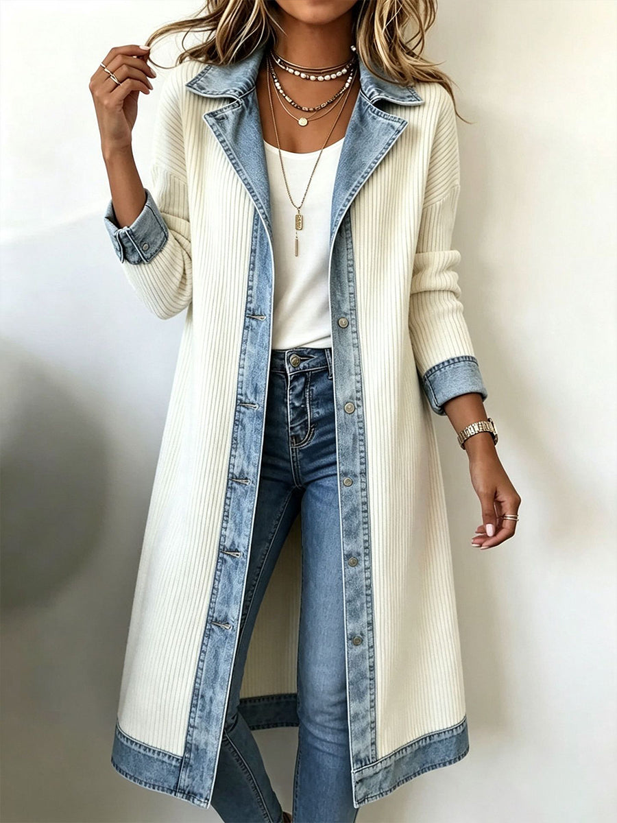 Béryl - Women's long ribbed knit cardigan with denim trim