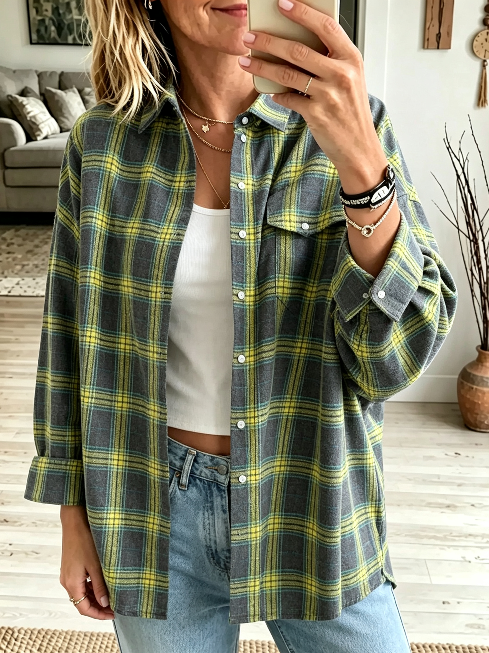 Oona - Chemise femme oversize à carreaux avec poches boutonnées