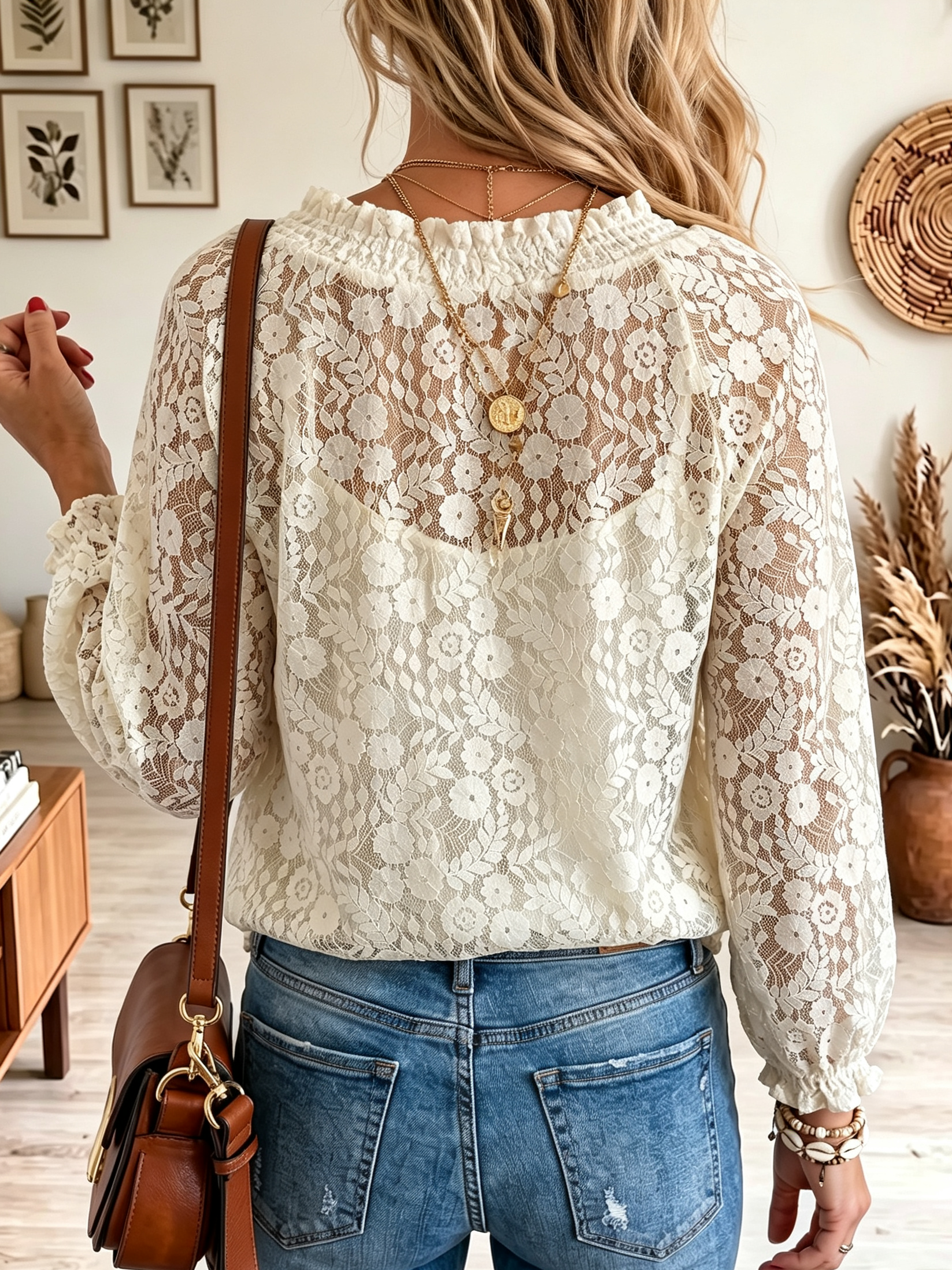 Iona - Blouse femme en dentelle florale à manches longues bohème