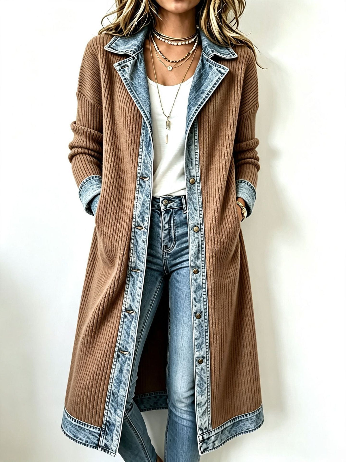 Béryl - Women's long ribbed knit cardigan with denim trim