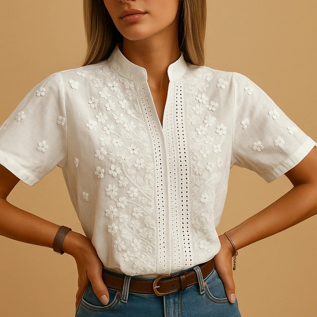 Tylarisse - Chemisier femme blanc élégant avec broderies florales raffinées