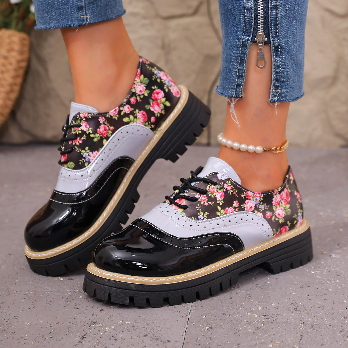 Maan - Chaussures Oxford Femme à Lacets avec Motif Floral et Semelle Épaisse