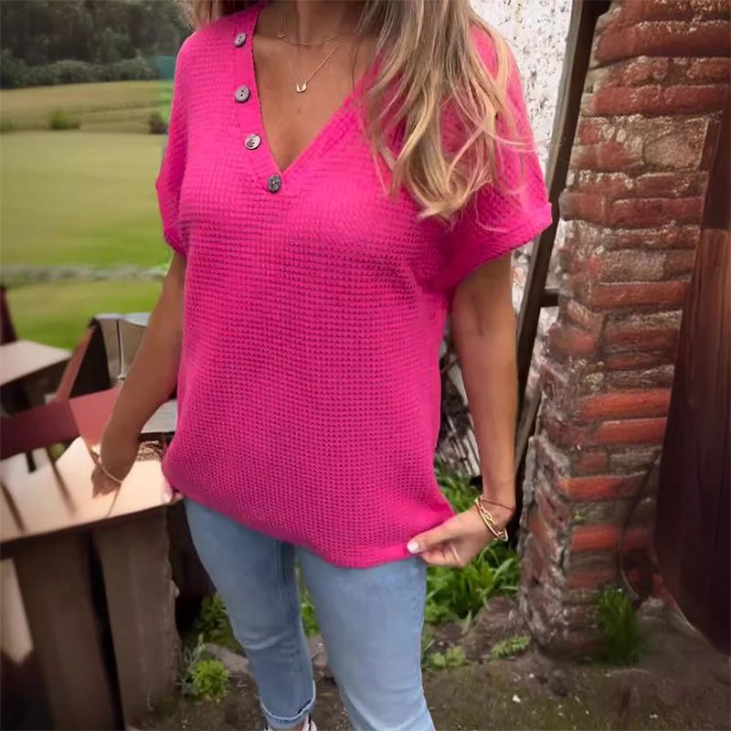 Adina - Pull élégant à décolleté en V avec manches courtes et boutons