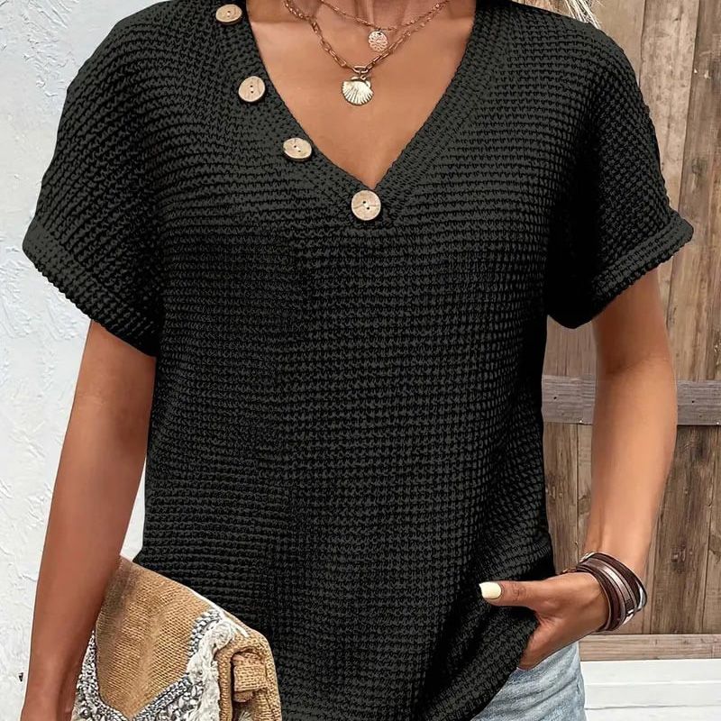 Adina - Pull élégant à décolleté en V avec manches courtes et boutons