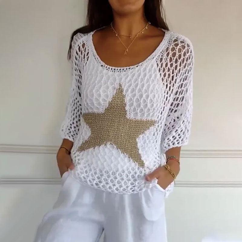 Honoria - Mode Femme Top en Crochet Tricot Réseau Col Rond