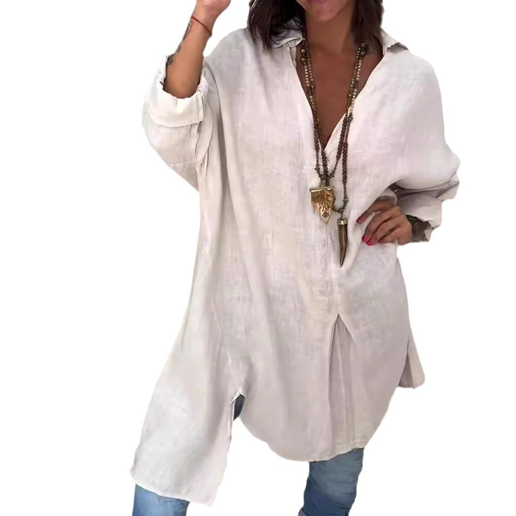 Marine - Chemise décontractée en lin et coton, col V