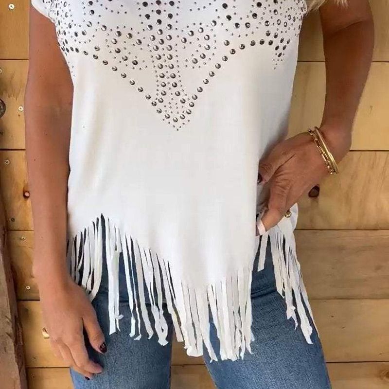 Céleste - T-shirt femme imprimé frangé