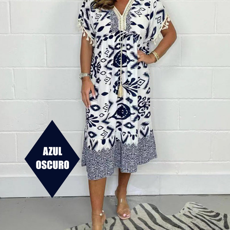 Juline - Robe décontractée imprimée avec décolleté en V et franges sur les manches courtes