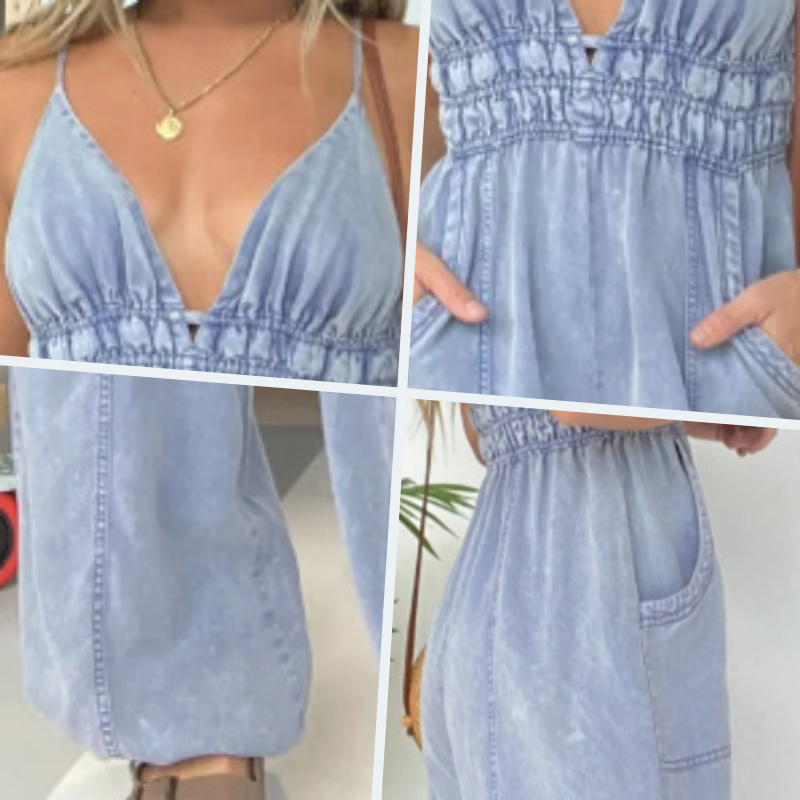 Anja - Salopette en denim à décolleté en V pour femmes