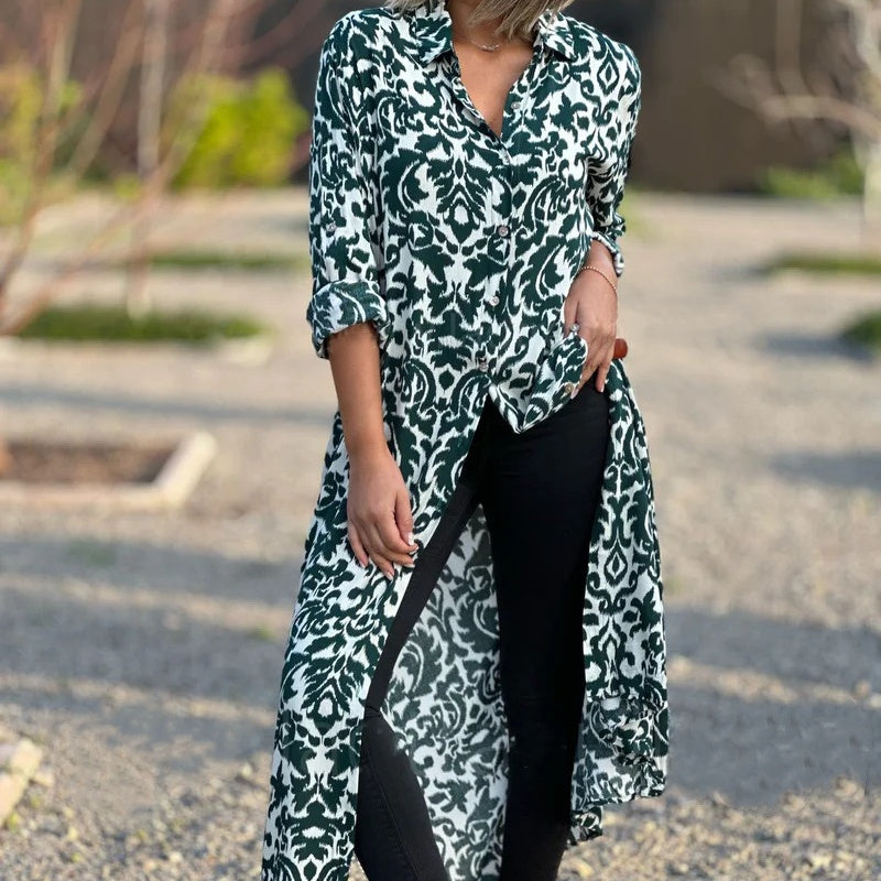 Ivonne - Robe Longue Fleurie à Manches Longues avec Col Chemise