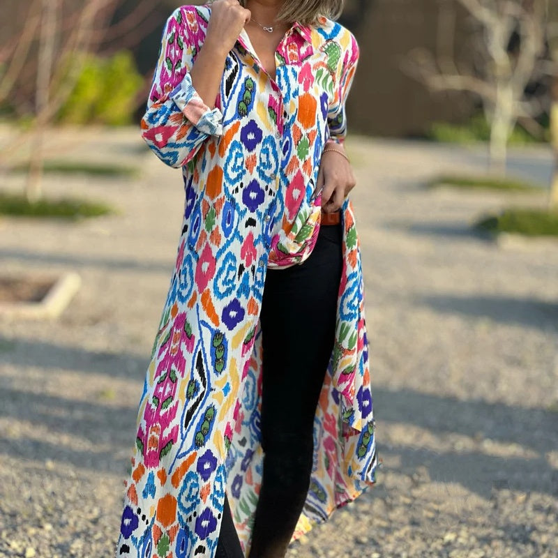 Ivonne - Robe Longue Fleurie à Manches Longues avec Col Chemise