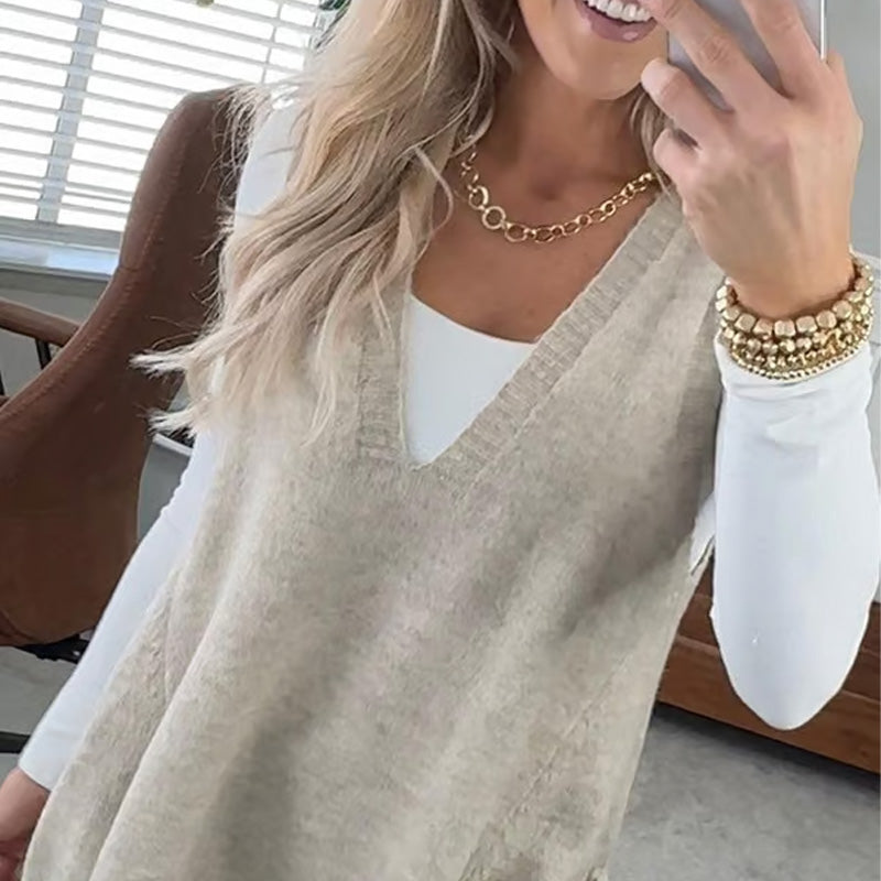 Carole - Gilet Tricot Sans Manches avec Poches et Col en V