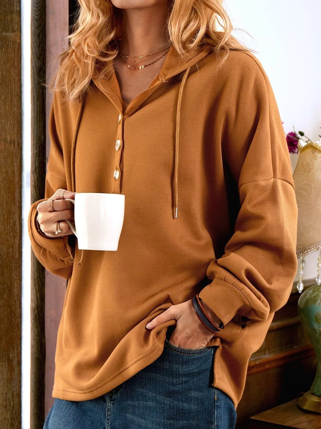 Clotilde - Sweat-shirt Vintage à Manches Longues Boutonné