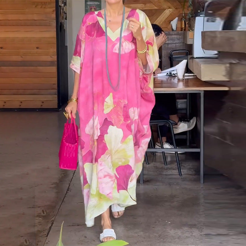Myrelith - Robe femme longue fluide à imprimé floral et col V