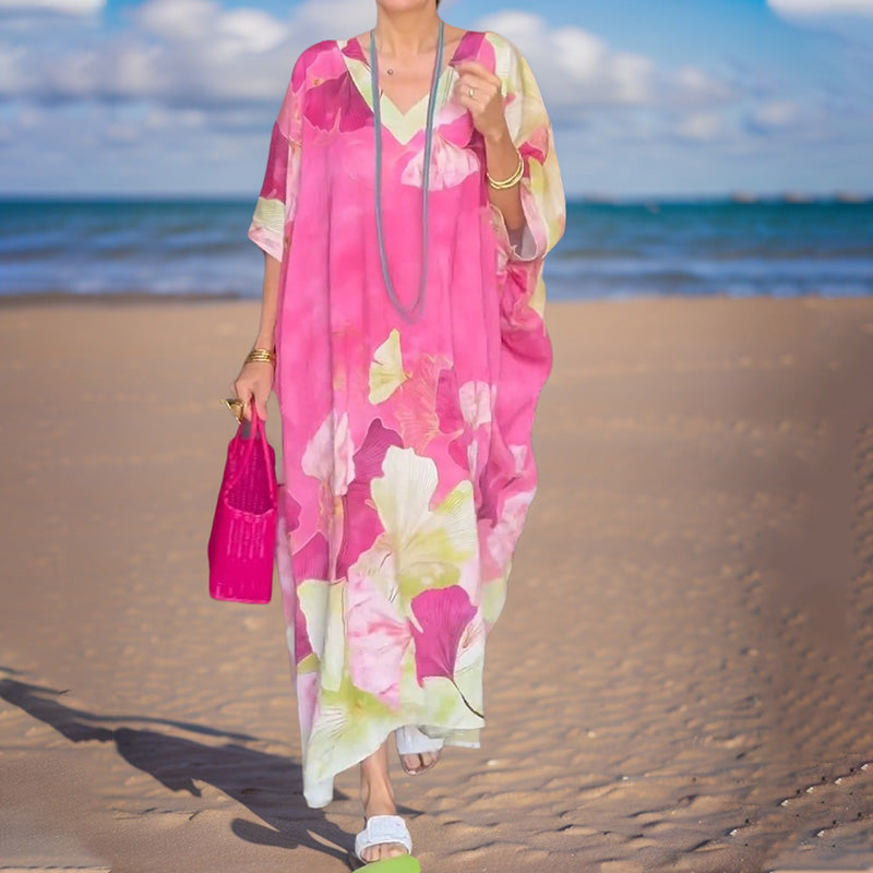 Myrelith - Robe femme longue fluide à imprimé floral et col V