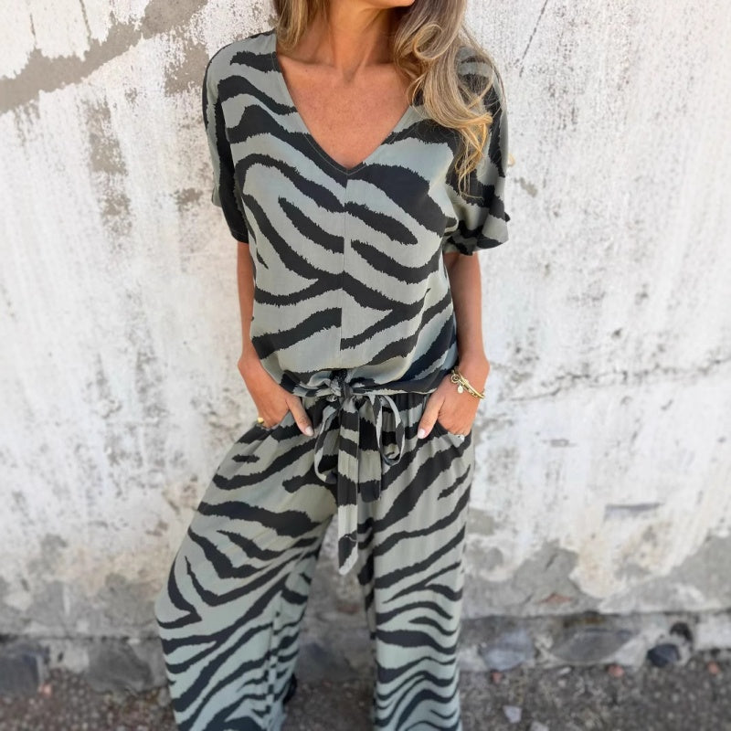 Alina - Ensemble top et pantalon à col en V imprimé zèbre