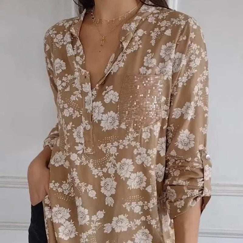 Avice - Blouse Florale à Manches Longues & Poche Scintillante