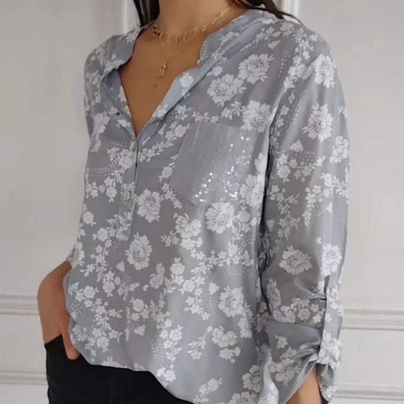 Avice - Blouse Florale à Manches Longues & Poche Scintillante