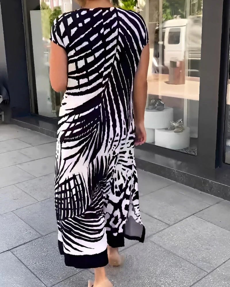 Cenalyra - Robe femme midi décontractée à manches courtes avec imprimé