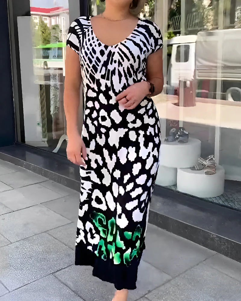 Cenalyra - Robe femme midi décontractée à manches courtes avec imprimé