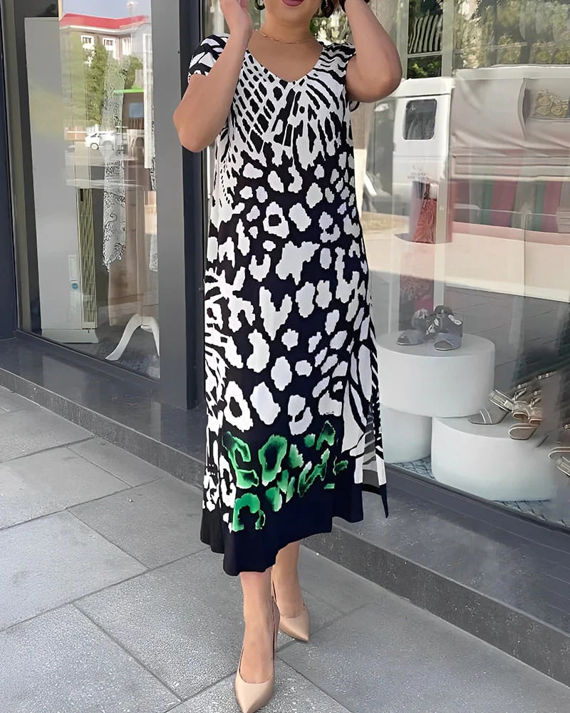 Cenalyra - Robe femme midi décontractée à manches courtes avec imprimé